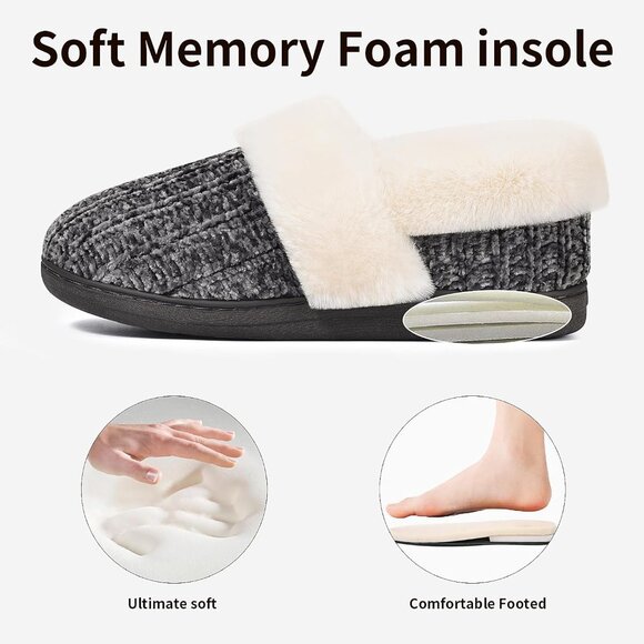 ⚡Women's Dark Grey Memory Foam Slippers Closed Back Knit Slip On House Shoes - Picture 3 of 5